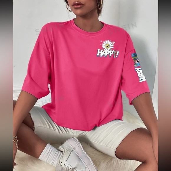 Hot Pink Graphic Drop Shoulder Tee Trendy Summer - Picture 2 of 2